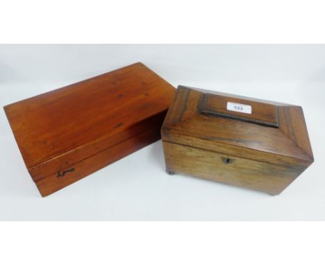 19th Century rosewood caddy, the hinged lid opening to reveal two lined divisions with lids, together with a mahogany box, (2
