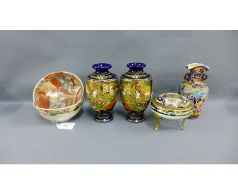 Collection of Japanese earthenware vases and two Satsuma style bowls, together with a Noritake porcelain trinket jar and cove