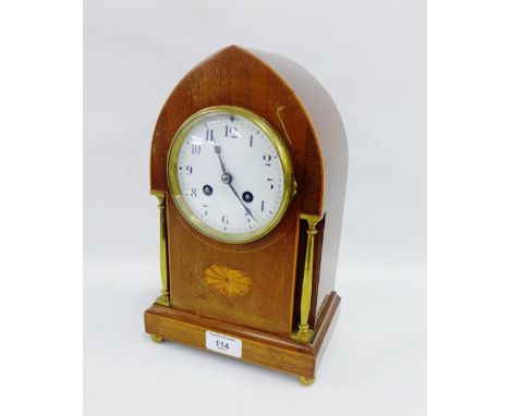Mahogany and inlaid domed top mantle clock on four brass bun feet, 29cm high 