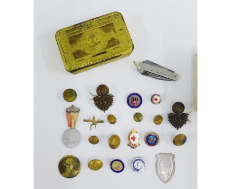 A quantity of cap badges, buttons and enamel pins and a WWI Christmas tin (a lot) 