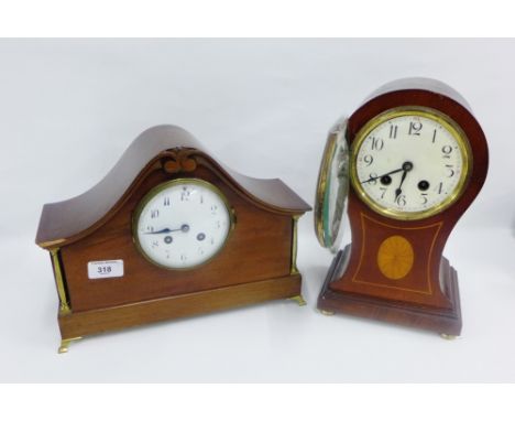 Mahogany and inlaid mantle clock together with another, (2) 