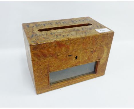 Early 20th century oak letter box with glazed panel to front, 16 x 23cm 