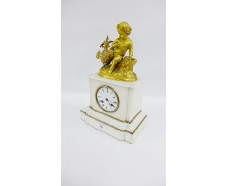White hardstone mantle clock with ormolu Cherub to top, 