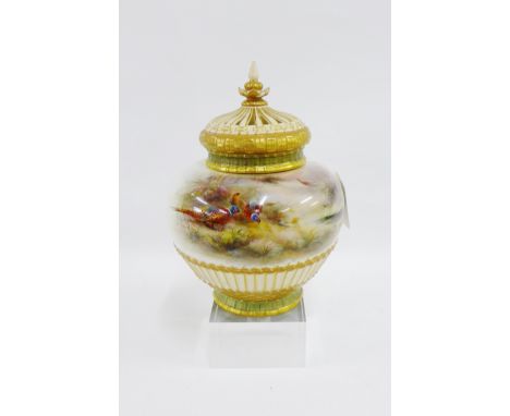 Royal Worcester pot pourri jar and cover painted with Pheasants and signed James Stinton, with inner lid and pierced domed co