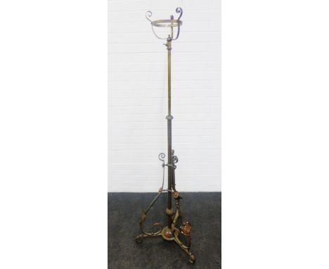 Art Nouveau brass and copper standard lamp with tripod feet, 168cm 
