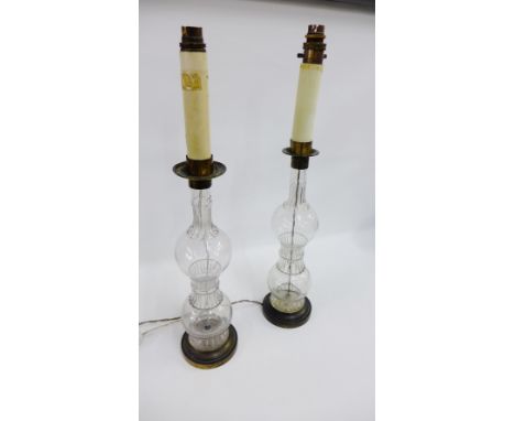 Pair of early 20th Century glass table lamp bases with shades, 55cm high (2) 