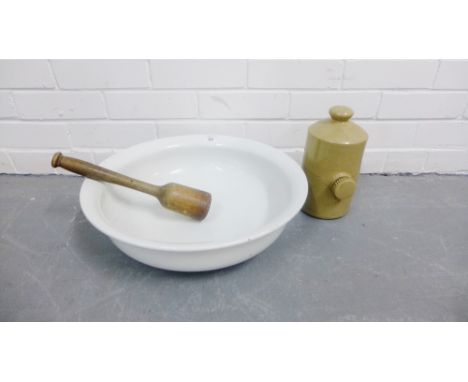 Stoneware flask, a large white glazed pottery basin and a wooden mallet, (3) 