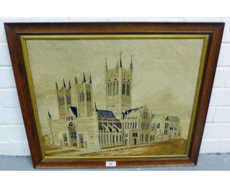Framed wool work tapestry of a Church in an oak frame, 53 x 44cm 