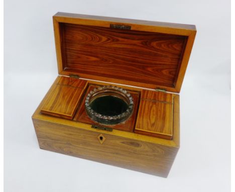 Rosewood tea caddy, the hinged lid opening to reveal two divisions with hinged boxes and glass mixing bowl, 31 x 16cm 