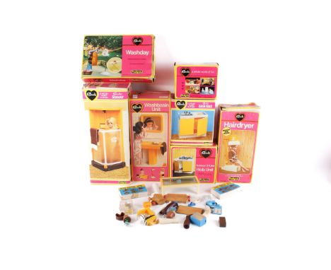 A collection of vintage Pedigree Sindy doll accessories. Including a boxed Hairdryer, 44524, Washbasin Unit, 44541, Sink Unit