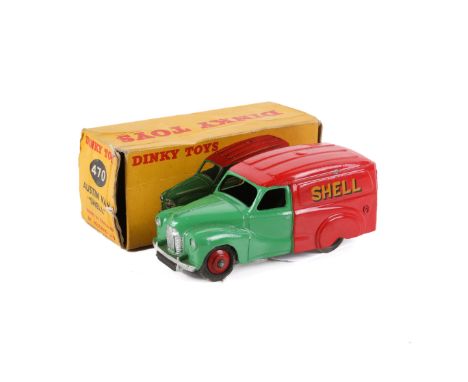 A Dinky Toys 470 'Austin "Shell/BP" Van'. Two-Tone green and red including rigid hubs, silver trim, in the original box
