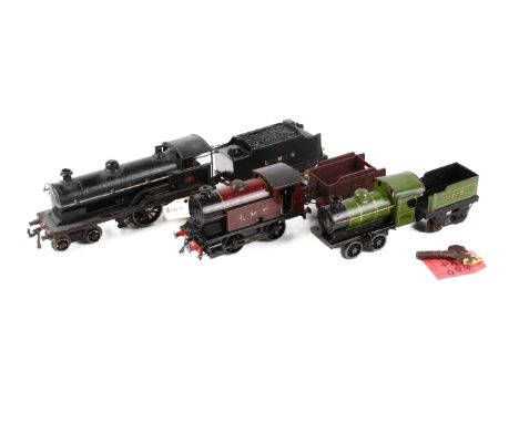 An assortment of three O gauge clockwork model railway locomotives. Including a Bing 4-4-0 'George The Fifth' with tender (re