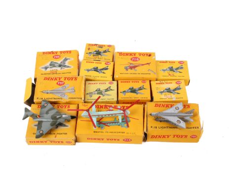 Twelve boxed Dinky Toys diecraft aircraft. Comprising three 737 P.IB Lightning Fighter, three 736 Hawker Hunter Fighter, 715 
