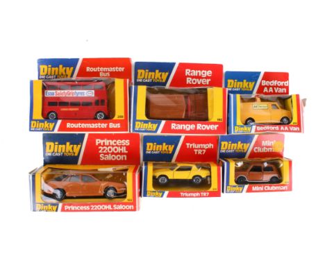 Six Dinky diecast vehicles. Comprising a 178 'Mini Clubman', 412 'Bedford AA Van', 123 'Princess 2200HL Saloon', 289 'Routema