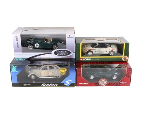 Four 1:18 scale diecast cars. Comprising two Corgi 8i VVC Roadsters, a Solido Prestige Citroen 2CV Raid 1966, Ref.8036 and a 