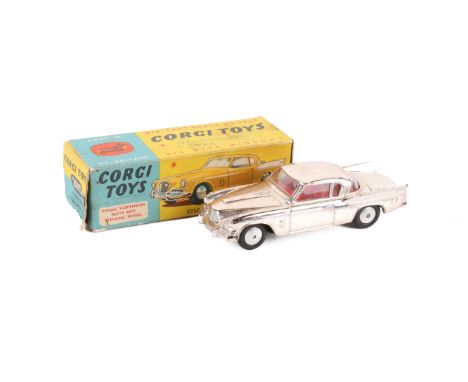 A Corgi Studebaker Golden Hawk diecast car. No. 211s, having a siver plated finish with suspension, red interior and spun hub