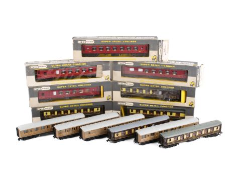 A collection of 00 gauge coaches. Including two boxed Wrenn W6009 LMS coaches, a boxed Wrenn W6000 Pullman Car coach, Hornby 