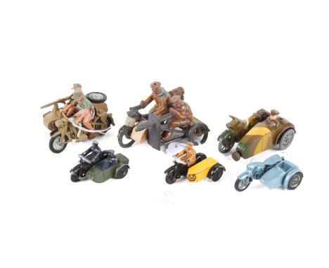 A collection of diecast motorcycles and sidecars. Comprising a Dinky 44B AA Motorcycle, a Dinky 42B Police Patrol, a Britains