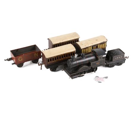Bing circa 1920s O gauge clockwork train set. Including 'LNWR George The Fifth, 2663' 0-4-0 locomotive and tender, three carr