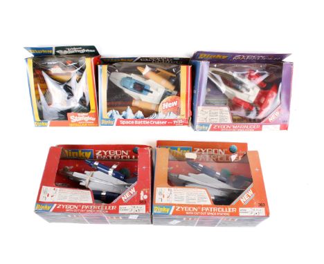 Five Dinky diecast space models. Comprising a 367 Space Battle Cruiser, two 363 Zygon Patrollers, 362 Trident Starfighter and