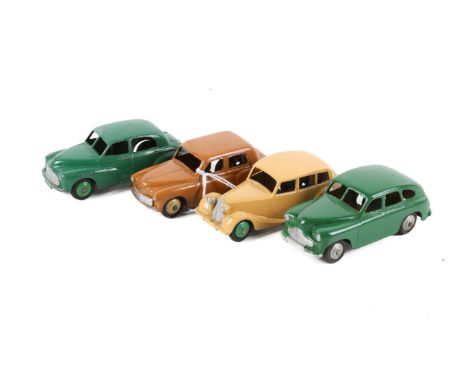 Four 1950s diecast cars. Comprising 40g 'Morris Oxford', green body, green ridged hubs, 40e 'Vanguard' (repainted), 40f 'Hill