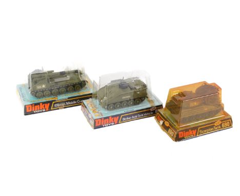 Three Dinky Toys diecast tanks. Comprising 691 Striker Anti-Tank Vehicle, 690 Scorpion Tank and a 654 155mm Mobile Gun, all i