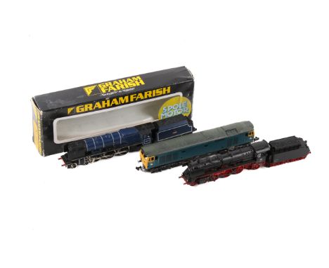 Three N gauge locomotives. Comprising a boxed Graham Farish locomotive and tender, No.1819, an Atlas diesel locomotive and a 