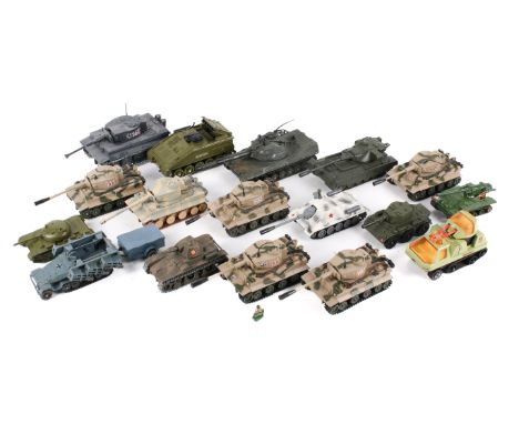 A collection of diecast military tanks. Including a Corgi 'SU-100 Russian Medium Tank, two Corgi 'Tiger 1' tanks and a Matchb
