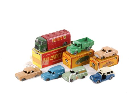 Seven Dinky Dublo diecast vehicles. Comprising a boxed 061 Ford Prefect, boxed 064 Austin Lorry, boxed 070 A.E.C. Mercury Tan