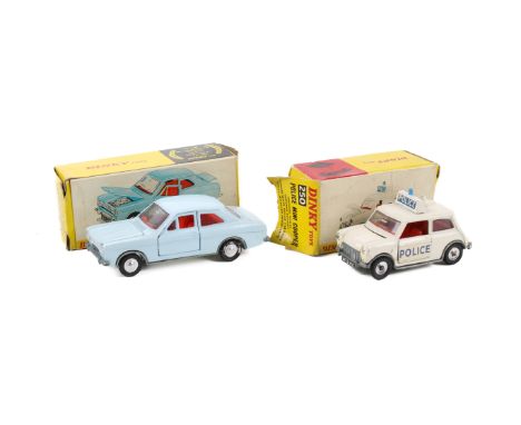 Two boxed Dinky diecast vehicles. Comprising a No.168 Ford Escort, light blue body, and a No.250 Police Mini Cooper