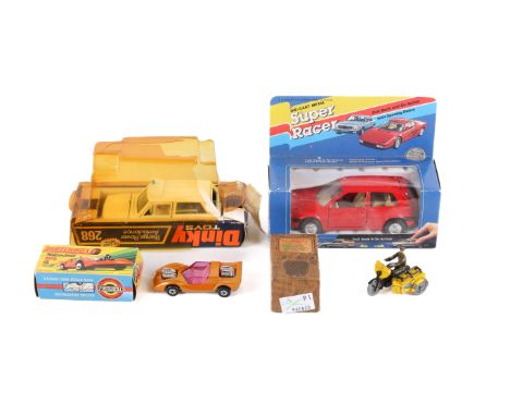 Four boxed diecast vehicles. Comprising a Benbros 'A.A. Motorcycle', a Matchbox Superfast No.4 'Gruesome Twosome', Dinky Toys