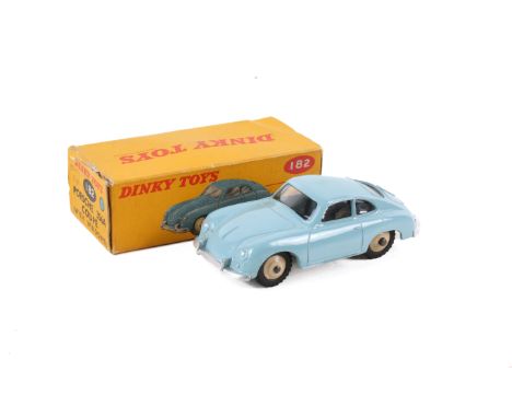 A Dinky Toys 182 Porsche 356A Coupe. Having a blue body and cream hubs, in the original box