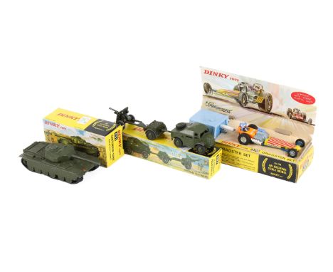 Three Dinky diecast vehicles. Comprising a 697 25 Pounder Field Gun set, 370 Dragster Set and a 651 Centurian Tank with rotat
