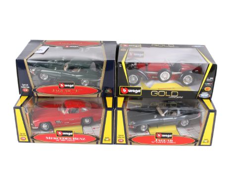 Four Burago 1:18 scale diecast cars. Comprising Mercedes SL300 (1954), two Jaguar E-Type Coupe (1961) and a Burago Gold Bugat