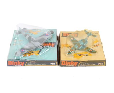 Two Dinky Toys diecast aircraft. Comprising a 718 Hawker Hurricane Mk IIc, and a 728 R.A.F. Dominie, in the original packagin