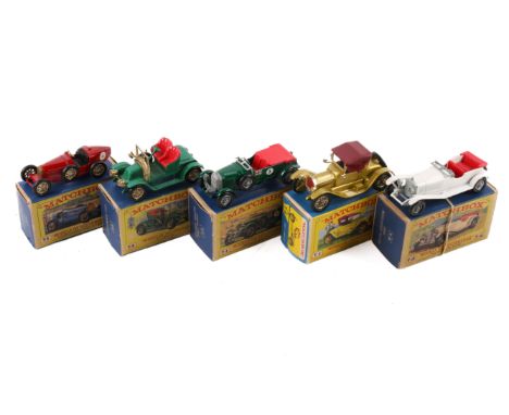 Five boxed diecast Matchbox Models of Yesteryear. Including a Y-6 1913 Cadillac, a Y-10 1928 Mercedes, Y-5 1929 Bentley, Y-2 