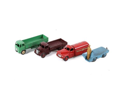 Four vintage Dinky diecast industrial vehicles. Comprising a 442 'Esso petrol tanker', red body with red hubs and Esso livery
