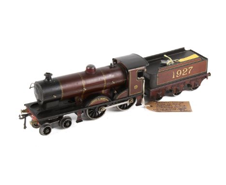 A Bassett Lowke 0 gauge clockwork Duke Of York 4-4-0 locomotive, No. 1927 with LMS 1927 tender in burgundy