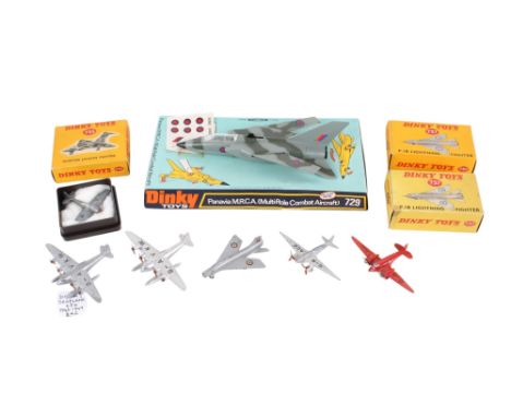 A collection of Dinky diecast aircraft. Including a 729 Panavia M.R.C.A. (Multi-Role Combat Aircraft), a two boxed 737 P. IB 