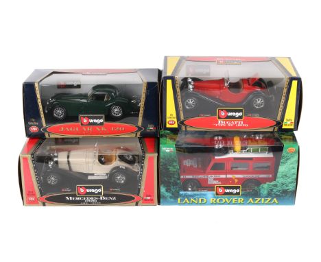 Four Burago 1:24 scale diecast vehicles. Comprising a Jaguar XK 120 Coupe (1948), a Land Rover Aziza, a Mercedes-Benz (1928) 