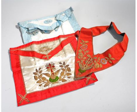 Masonic Aprons, a blue example, together with a gold thread and velvet cross example and a conforming neck sash, (3)