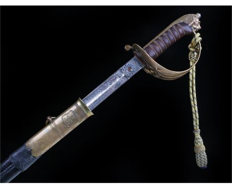 Naval Officer`s Sword by Manton & Co, the blade with etched fouled anchor and oakleaf panels, gilt brass hilt with lion head 