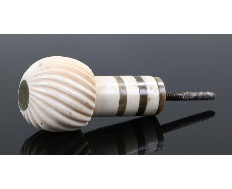 19th Century marine ivory walking stick handle, carved with an angled gadrooned ball top and baleen line stem, 10cm high