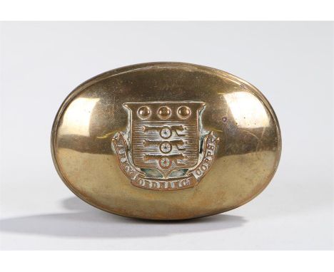 Brass snuff box of oval form bearing the crest of the Army Ordinance Corps