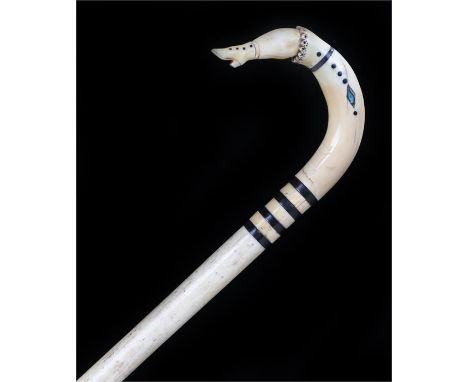 Fine and rare George III whalebone baleen and abalone shell walking stick, the arched top carved as a ladies leg with a boot 