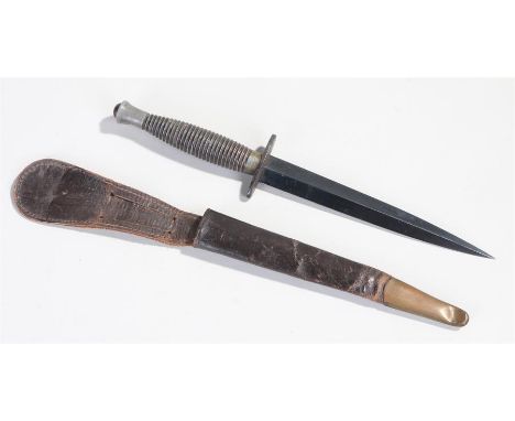 WW2 third pattern Fairbairn Sykes fighting knife, pommel mould number 1, correct leather scabbard with brass chape