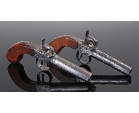 Pair of 19th Century percussion boxlock pocket pistols by Bennison of Guernsey with turnoff barrels together with a display p