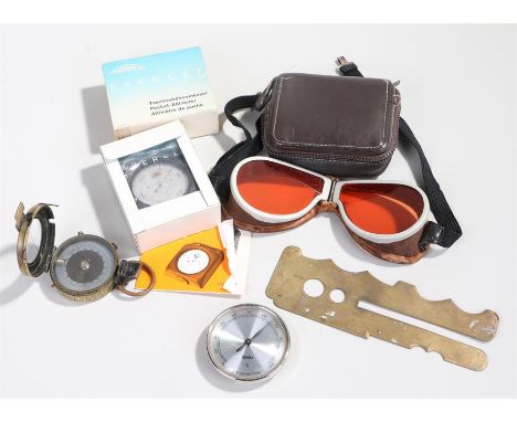 Mountaineering items, to include goggles, a hygrometer, an altimeter, also together with a 1917 military compass and brass bu