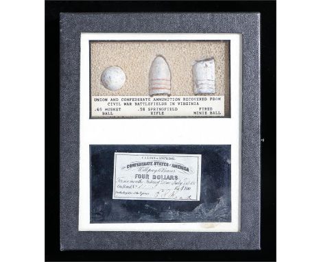 Boxed display of Union and Confederate ammunition recovered from American Civil War battlefields and a Confederate four dolla