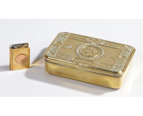World War One 1914 Christmas tin and a trench art brass cigarette lighter inset with two copper coins